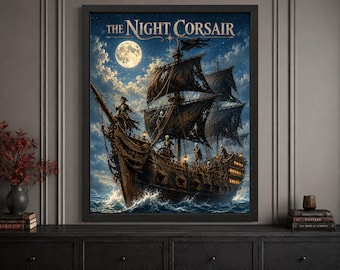 Skeleton Pirate Ship Halloween Wall Art, Ghost Ship Poster, Gothic Nautical Decor, Digital Download