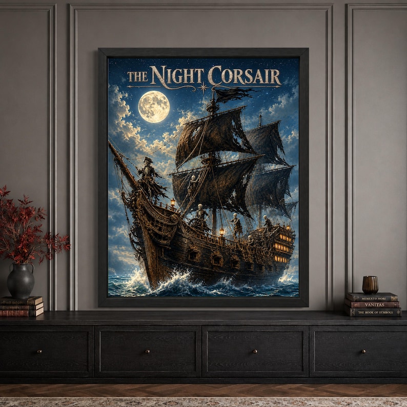 Framed skeleton pirate ship Halloween wall art featuring a black-sailed ghost ship crewed by skeletal pirates sailing through rough moonlit seas beneath a full moon, with vintage “The Night Corsair” typography.