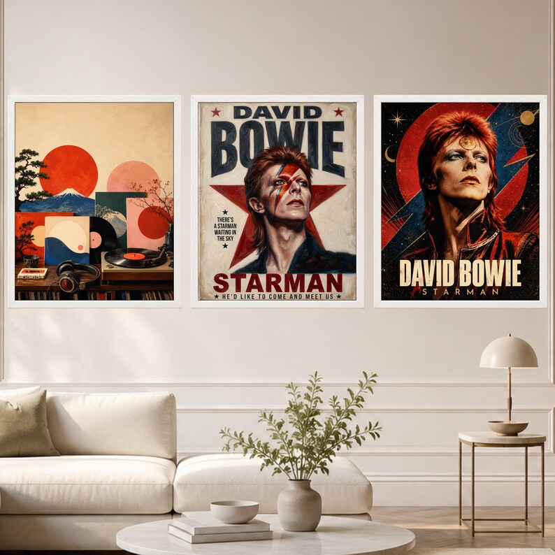 May include: Three framed wall art prints featuring David Bowie. The left print shows a Japanese-inspired landscape with a red sun and vinyl records. The center print displays a portrait of Bowie with the text DAVID BOWIE STARMAN. The right print features a portrait of Bowie with a lightning bolt and the text DAVID BOWIE STARMAN.