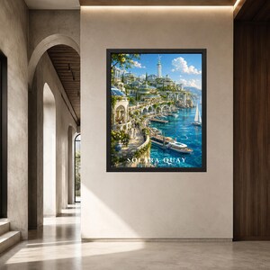 May include: A framed vertical wall art print featuring a coastal city scene with white stone architecture, lush greenery, and a blue harbor filled with boats. The text SOLARA QUAY is printed in white at the bottom of the vibrant, detailed landscape.