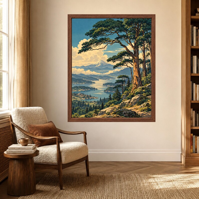 Japanese Landscape Print, Mountain Lake, Pine Trees, Woodblock Style (Digital Download) image 3