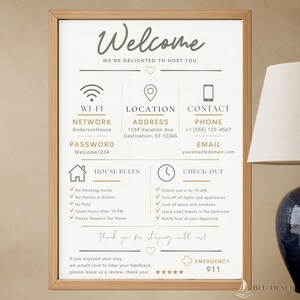 May include: A framed welcome sign for guests featuring a white background with dark gray and gold text. It includes sections for Wi-Fi, location, contact, house rules, check-out instructions, and emergency information with a 911 contact number.
