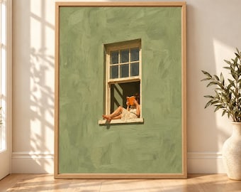 Woman Reading in Window Print, Sage Green Wall Art, Book Lover Decor (Digital Download)