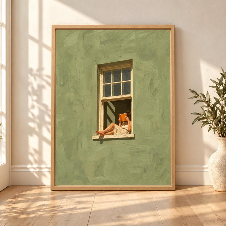 Framed sage green wall art showing a woman sitting barefoot in an open window reading an orange book, surrounded by a large textured green facade and warm sunlight.
