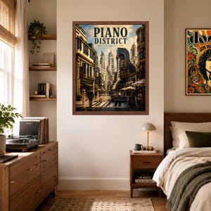 May include: A framed wall art print titled Piano District featuring a vintage-style urban street scene with tall buildings, pedestrians, and a classic car. The artwork uses a warm color palette with golden light, deep shadows, and architectural details.
