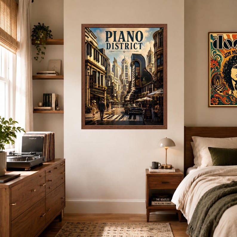 May include: A framed wall art print titled Piano District featuring a vintage-style urban street scene with tall buildings, pedestrians, and a classic car. The artwork uses a warm color palette with golden light, deep shadows, and architectural details.