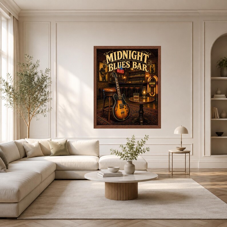 Puede incluir: Una impresi&oacute;n art&iacute;stica enmarcada titulada Midnight Blues Bar que muestra una guitarra el&eacute;ctrica de cuerpo hueco apoyada contra un taburete de madera en un bar con poca luz, una gramola, un vaso sobre una mesa peque&ntilde;a y luz c&aacute;lida.