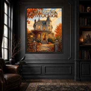 May include: A framed wall art print titled The House at Five O'Clock, depicting a Victorian-style house surrounded by autumn foliage, orange pumpkins, and a sunset sky. The artwork is displayed in a dark room with a leather chair and bookshelves.