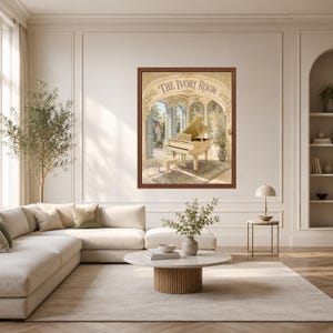 May include: A framed wall art print titled The Ivory Room, depicting a cream-coloured grand piano and matching bench inside a sunlit, arched stone room with open doors leading to a garden, featuring soft beige, green, and cream colour tones.