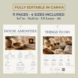 May include: A digital template set for house amenities and things to do, fully editable in Canva. Includes 11 pages in 5x7 in, 11x14 in, US Letter, and A4 sizes. The designs feature dark blue text, beige backgrounds, and photographic imagery of home decor.