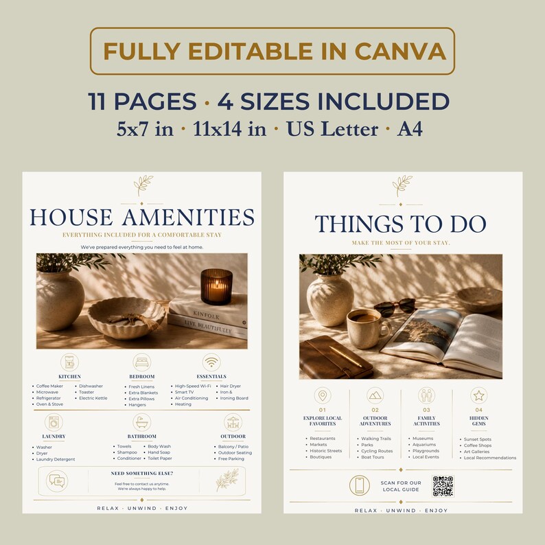 May include: A digital template set for house amenities and things to do, fully editable in Canva. Includes 11 pages in 5x7 in, 11x14 in, US Letter, and A4 sizes. The designs feature dark blue text, beige backgrounds, and photographic imagery of home decor.