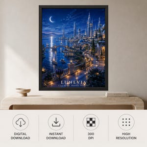 Pu&ograve; includere: Una stampa d'arte da parete incorniciata che raffigura una citt&agrave; costiera fantastica di notte sotto una luna crescente. La scena presenta torri illuminate, un ponte e barche a vela sull'acqua. Il testo LUNEVIA City of the Moonlit Harbors &egrave; in basso.