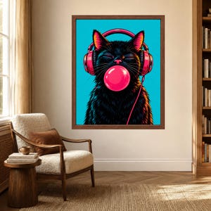 Kopfhörer mit schwarzer Katze im Kaugummi-Design, Pop-Art-Musikzimmer-Dekoration (Digitaler Download) Bild 3