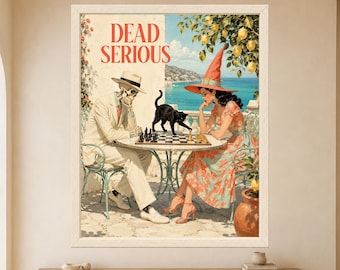 Divertente poster con scheletro, strega e scacchi, decorazione retrò per Halloween (download digitale)