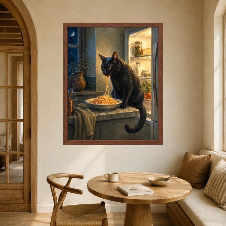 May include: A framed wall art print depicting a black cat sitting on a kitchen counter, eating spaghetti from a white bowl. The cat is positioned in front of an open refrigerator with visible food items. The scene includes a window and a pitcher.