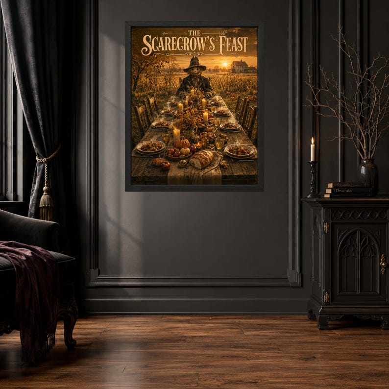 May include: A framed wall art print titled The Scarecrow's Feast, depicting a scarecrow sitting at a long wooden table set with a harvest meal, candles, and autumn foliage in a field at sunset, all rendered in warm golden and brown tones.