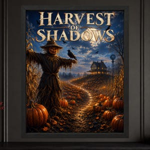 K&ouml;nnte beinhalten: Ein gerahmter Kunstdruck mit dem Titel HARVEST OF SHADOWS zeigt eine Vogelscheuche mit K&uuml;rbiskopf in einem K&uuml;rbisfeld bei Nacht. Ein Pfad f&uuml;hrt zu einem beleuchteten Haus unter einem Vollmond mit fliegenden Kr&auml;hen und einer Windm&uuml;hle.