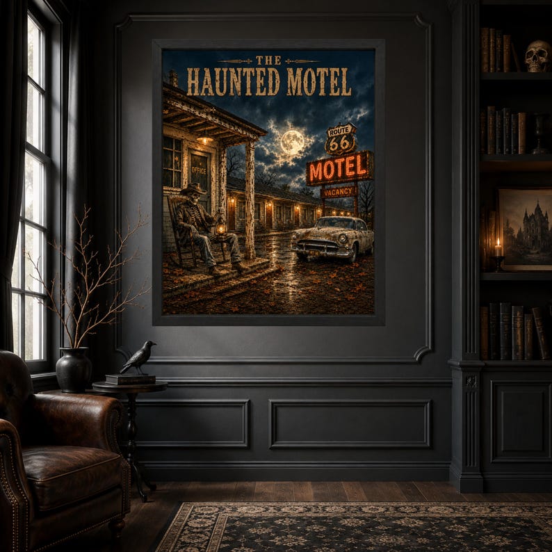 May include: A framed wall art print titled The Haunted Motel, depicting a skeleton sitting in a rocking chair on a porch under a full moon. A vintage car is parked in front of a motel with a Route 66 sign and glowing orange neon lights.