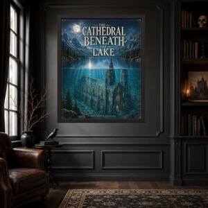 May include: A framed rectangular wall art print titled The Cathedral Beneath The Lake, featuring a gothic cathedral submerged in deep blue water beneath a mountain landscape, a full moon, and dark pine trees, all enclosed in a black frame.