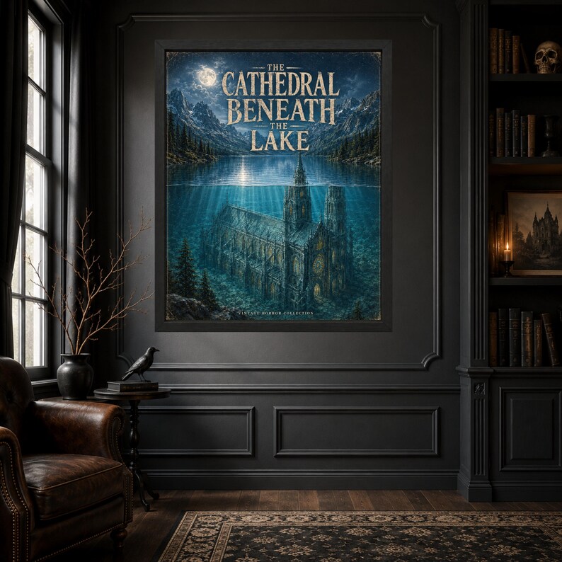 May include: A framed rectangular wall art print titled The Cathedral Beneath The Lake, featuring a gothic cathedral submerged in deep blue water beneath a mountain landscape, a full moon, and dark pine trees, all enclosed in a black frame.