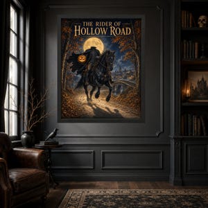 May include: A framed wall art print titled The Rider of Hollow Road, depicting a headless figure in a dark cloak riding a black horse, holding a glowing orange jack-o'-lantern under a full moon, set against a forest path and a distant village.