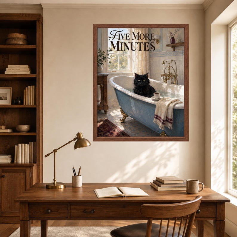 May include: A framed wall art print featuring a black cat sitting in a blue clawfoot bathtub. The text "FIVE MORE MINUTES" is printed at the top. The scene includes a gold faucet, a white towel draped over the edge, and a small cup on the tub rim.