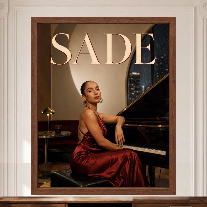May include: A framed wall art print featuring the text SADE in large serif letters above a person in a dark red satin backless dress sitting at a black grand piano. The scene is set in a dimly lit room with a gold lamp and a city view window.