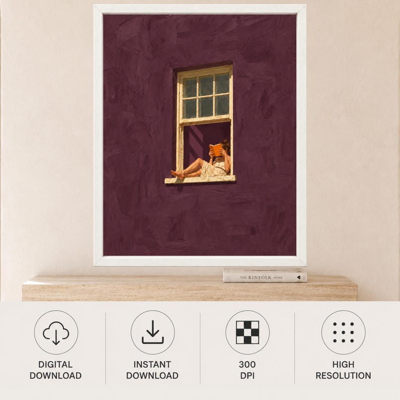 Woman Reading Window Print, Burgundy Wall Art, Minimalist Book Lover Decor (Digital Download) image 11