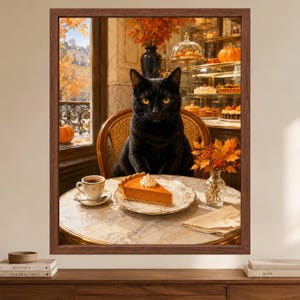 May include: A framed wall art print featuring a black cat sitting at a round marble table in a cafe. On the table sits a slice of pumpkin pie with whipped cream, a cup of coffee, and a small vase of orange autumn leaves. A window shows fall trees.