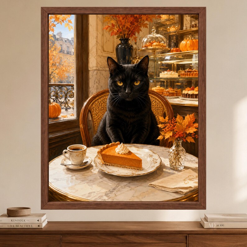 May include: A framed wall art print featuring a black cat sitting at a round marble table in a cafe. On the table sits a slice of pumpkin pie with whipped cream, a cup of coffee, and a small vase of orange autumn leaves. A window shows fall trees.