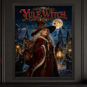 Może przedstawiać: Oprawiony wydruk artystyczny zatytułowany The Yule Witch, przedstawiający siwowłosą postać w czerwonym aksamitnym płaszczu i spiczastym kapeluszu, trzymającą świecącą latarnię. Czarny kot siedzi w zaśnieżonej wiosce pod pełnią księżyca na ciemnym niebie.