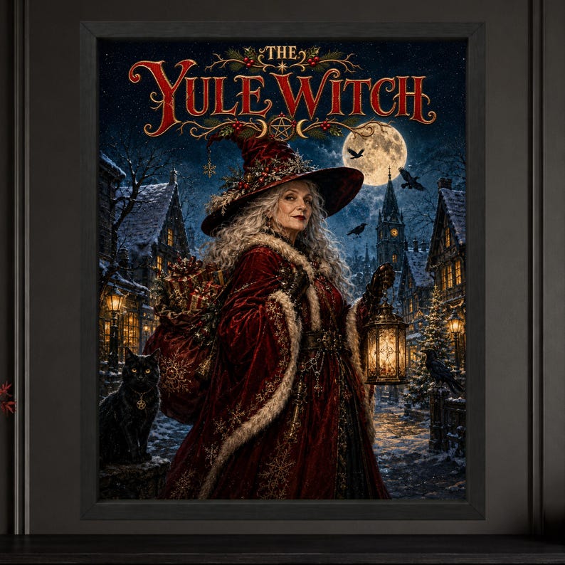 Może przedstawiać: Oprawiony wydruk artystyczny zatytułowany The Yule Witch, przedstawiający siwowłosą postać w czerwonym aksamitnym płaszczu i spiczastym kapeluszu, trzymającą świecącą latarnię. Czarny kot siedzi w zaśnieżonej wiosce pod pełnią księżyca na ciemnym niebie.