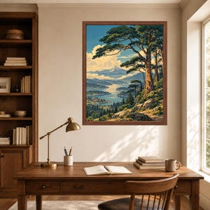 Japanese Landscape Print, Mountain Lake, Pine Trees, Woodblock Style (Digital Download) image 6