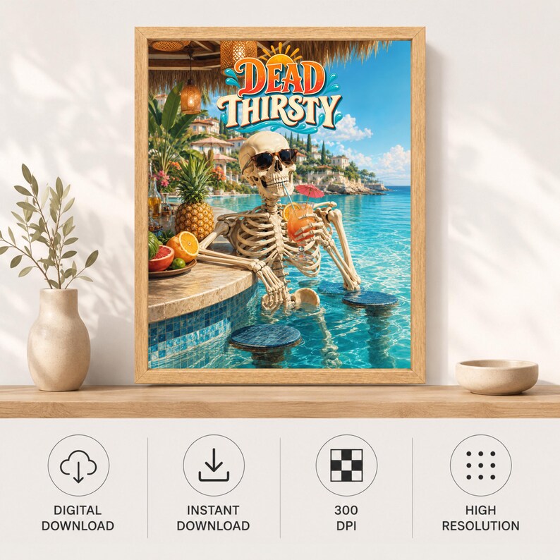 May include: A framed wall art print titled Dead Thirsty featuring a skeleton wearing sunglasses, sitting in a swimming pool at a tropical resort, holding a cocktail with a small umbrella, with a pineapple and citrus fruits on the pool edge.