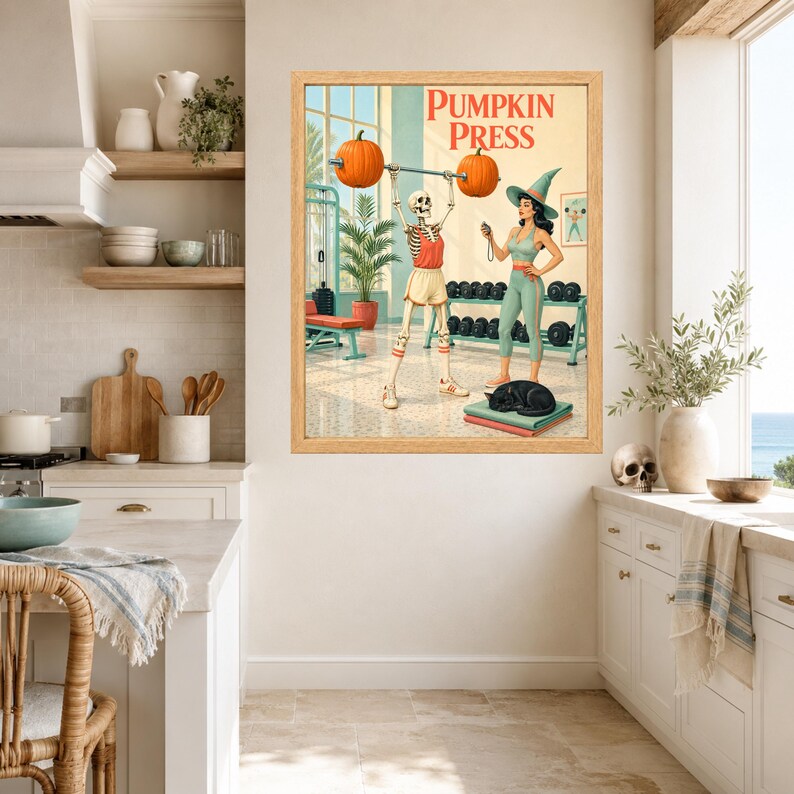 May include: A framed wall art print titled PUMPKIN PRESS featuring a skeleton lifting a barbell with pumpkins on each end, standing next to a woman in a witch hat and workout gear, with a black cat resting on a stack of mats in a gym setting.