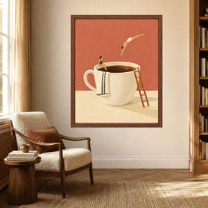 May include: A framed wall art print featuring a large white coffee cup on a beige surface against a terracotta background. A person in a green swimsuit sits on the rim with a towel, while another person in white shorts dives into the dark liquid.