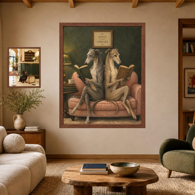 May include: A large framed wall art print titled Dogs in the Library featuring two greyhounds sitting back-to-back on a pink sofa, each reading an open book. The dark green background includes a lamp and a small framed sign above the dogs.