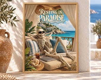 Resting in Paradise Skeleton Poster, Funny Beach Vacation Art (Digital Download)