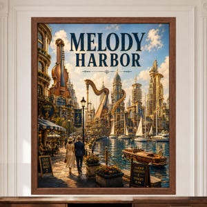 May include: A framed wall art print titled Melody Harbor, depicting a fantasy waterfront city with buildings shaped like musical instruments, including a violin and harp, alongside a harbor with boats, a couple walking, and text signs.