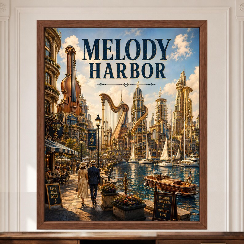 May include: A framed wall art print titled Melody Harbor, depicting a fantasy waterfront city with buildings shaped like musical instruments, including a violin and harp, alongside a harbor with boats, a couple walking, and text signs.
