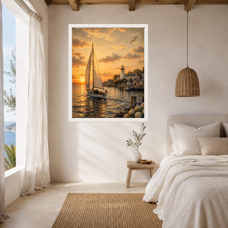 以下が含まれることがあります： 夕暮れ時の穏やかな海に浮かぶヨットを描いた額装アートプリント。岩の多い海岸線に立つ白い灯台、雲が点在する黄金色の空、そして上空を飛ぶ鳥たちが描かれています。アート作品は白いフレームに収められています。