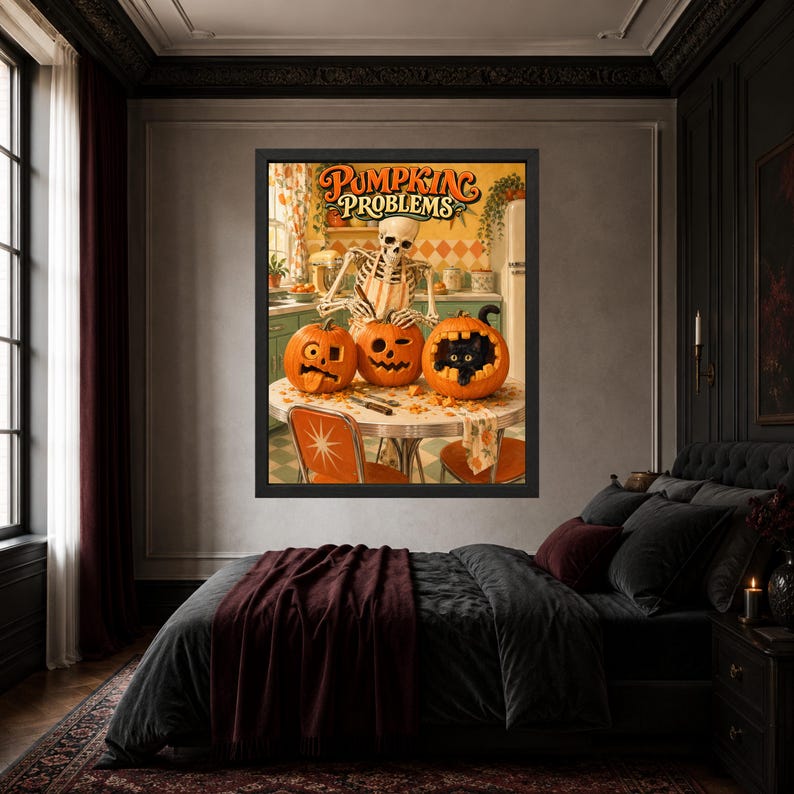 May include: A framed wall art print titled Pumpkin Problems featuring a skeleton in an apron carving three orange pumpkins on a kitchen table, with a black cat peeking out from one pumpkin, set against a retro kitchen background with orange accents.