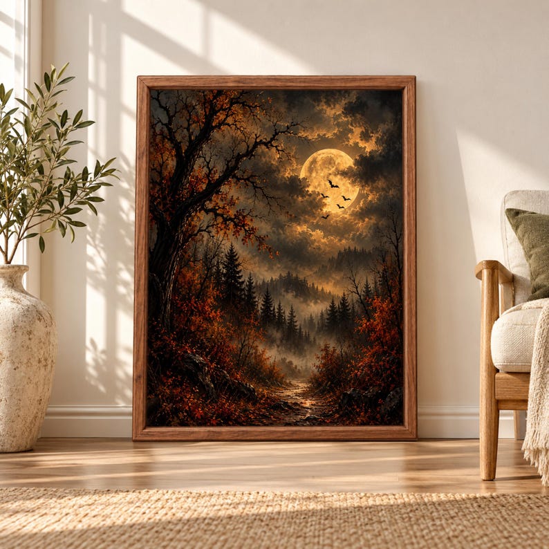 Framed dark autumn forest wall art showing a glowing full moon, flying bats, misty pine trees and an orange leaf-covered path beneath dramatic storm clouds.