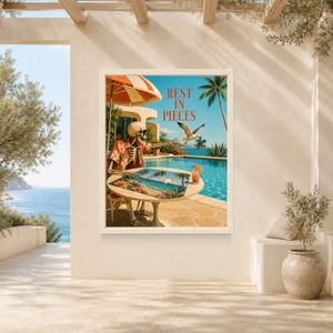 May include: A framed wall art print featuring a skeleton wearing a floral shirt and sunglasses sitting at a round table by a swimming pool. The skeleton is working on a puzzle. A seagull flies nearby holding a puzzle piece. Text reads REST IN PIECES.