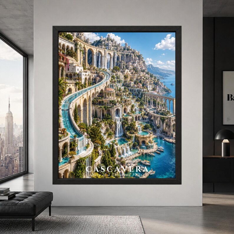 Framed Cascavera fantasy city wall art showing a cliffside coastal city filled with turquoise canals, waterfalls, arched aqueducts, white stone terraces, gardens and sailing boats beside the sea.