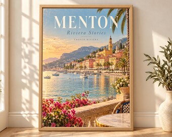 Menton France Travel Poster, French Riviera Coastal Print, Mediterranean Decor (Digital Download)
