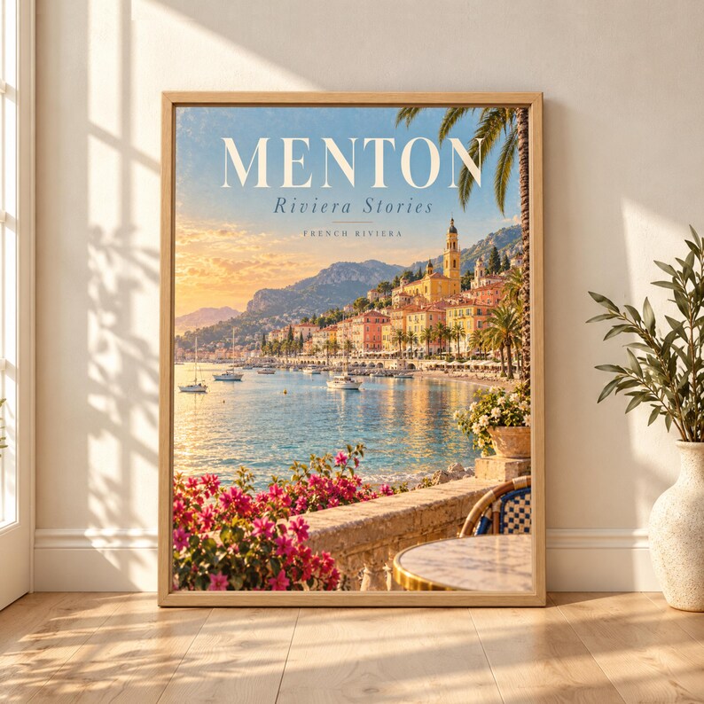 Framed Menton French Riviera travel poster showing colorful Mediterranean waterfront buildings, palm trees, sailboats, bougainvillea and a sunlit coastal bay beneath the large Menton title.