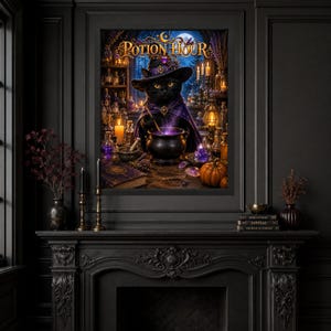 May include: A framed wall art print titled Potion Hour featuring a black cat wearing a purple witch hat and cape, stirring a glowing purple cauldron. The scene includes glass bottles, candles, a pumpkin, and crystals on a wooden table.