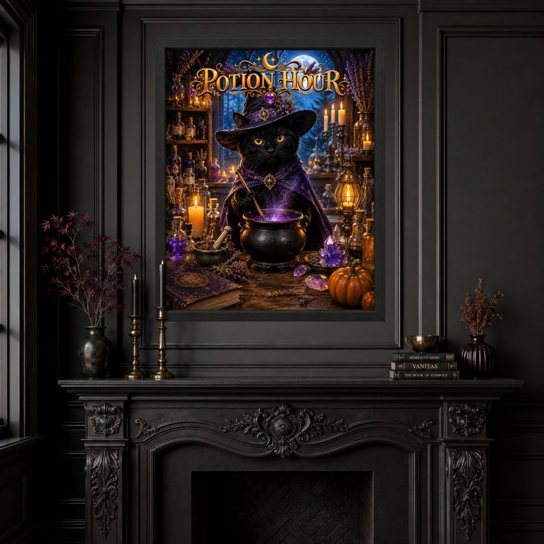 May include: A framed wall art print titled Potion Hour featuring a black cat wearing a purple witch hat and cape, stirring a glowing purple cauldron. The scene includes glass bottles, candles, a pumpkin, and crystals on a wooden table.