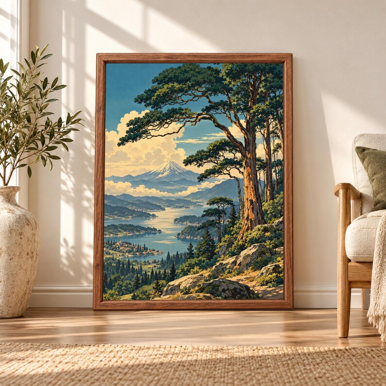 Framed Japanese landscape wall art showing a snow-capped mountain beyond a blue lake, layered forest hills and tall pine trees in a vintage woodblock-inspired style.